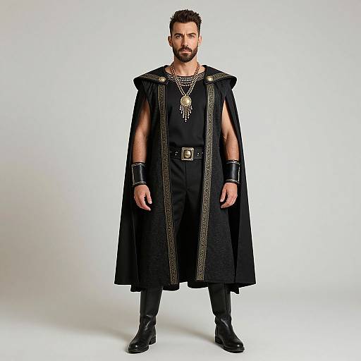 Photograph of a bearded man with dark hair, wearing a black medieval-style cape with gold trim, black tunic, wristbands, belt,