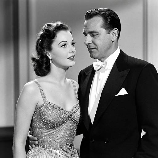 Black-and-white photograph of a 1940s-style couple; the woman in a sparkling, sequined dress, the man in a tuxedo