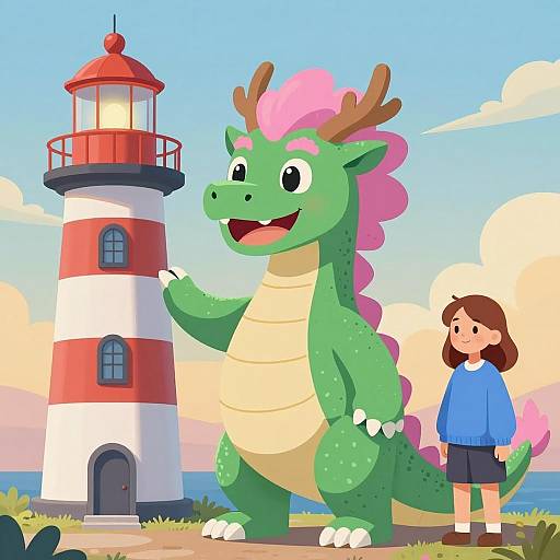 Cartoon Dragon and Woman by Lighthouse