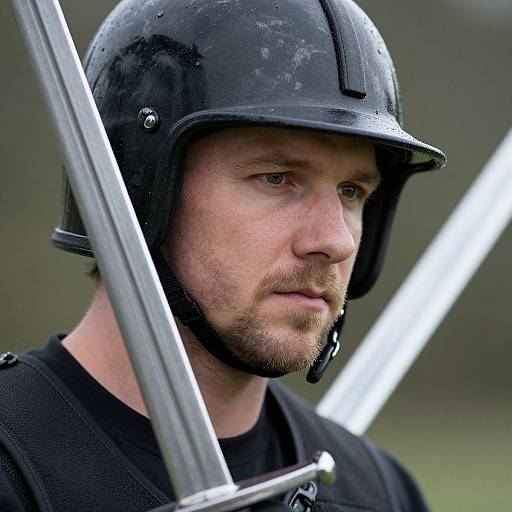 Photograph of a serious, bearded man in a black helmet and black tactical vest, holding a silver pole, with blurred greenery in the background