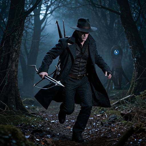 Photograph of a man in a dark, long coat, hat, and black attire, holding a bow and arrow, running through a misty,