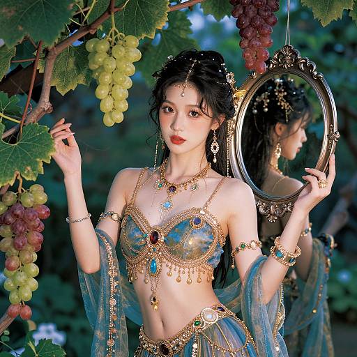 Digital artwork of a fair-skinned, dark-haired woman in ornate, blue and gold belly dance attire, adorned with jewelry, standing among grapev
