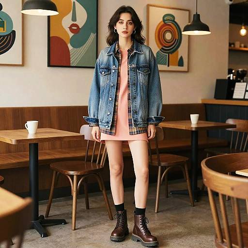 Photograph of a curly-haired woman in a pink dress and blue denim jacket, standing in a modern café with abstract art, wooden tables, and chairs