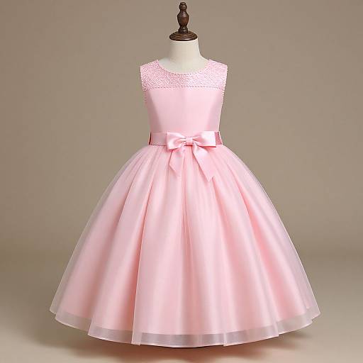 Photograph of a pink, sleeveless, knee-length ball gown with lace neckline, satin bodice, and tulle skirt, displayed on a white