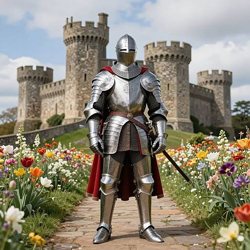 Photograph of a medieval knight in shiny silver armor with red cape, standing on a flower-lined path, in front of a grand stone castle with multiple