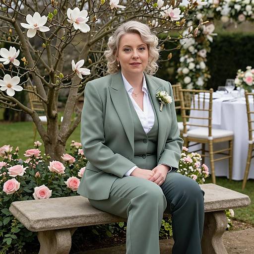 Photograph of a blonde woman in a green suit with a white blouse and flower boutonniere, sitting on a stone bench in a garden with