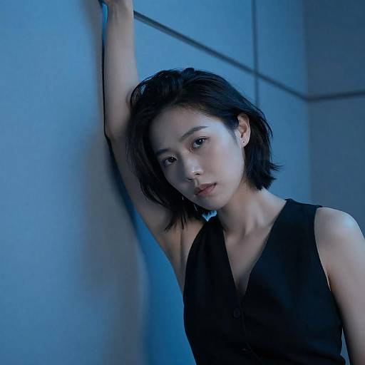 Intense Asian Woman Against Blue Wall