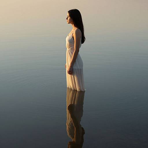 Photograph of a pregnant woman with long dark hair in a flowing white dress, standing in calm, reflective water at sunset.