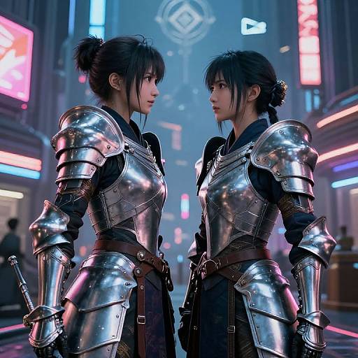 CGI image of two Asian women in shiny silver armor facing each other in a neon-lit, futuristic city street.