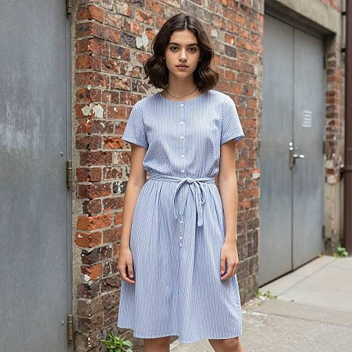 Photograph of a young woman with wavy dark hair, wearing a blue and white striped dress with a tied waist, standing against a brick and metal