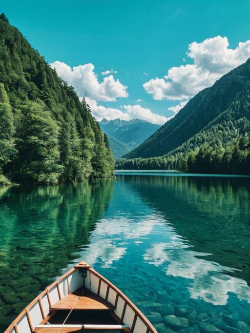 Tranquil Mountain Lake with Wooden Boat