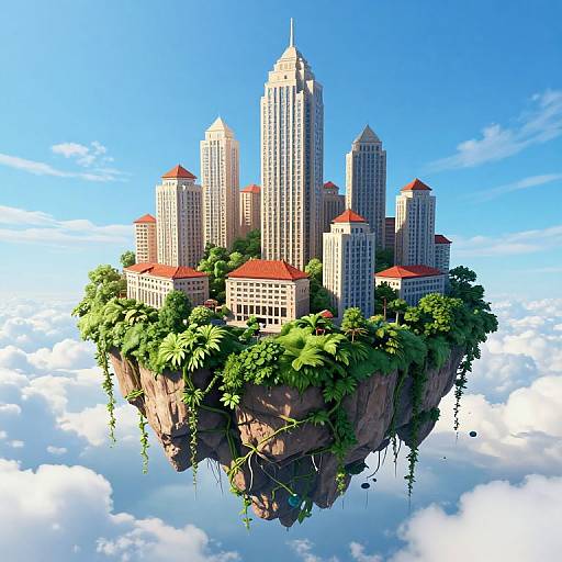 Digital illustration of a floating city with modern skyscrapers and red-roofed buildings, surrounded by lush greenery on a rocky island above a cloud