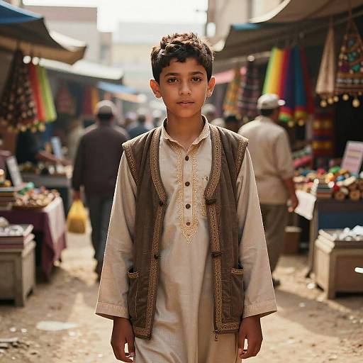 Foreign Boy in Vibrant Market Scene
