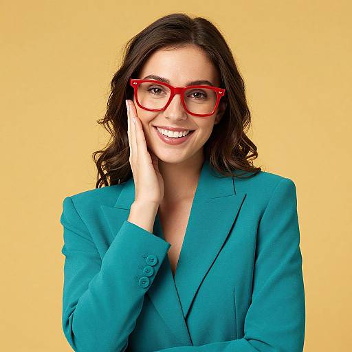 Photograph of a smiling woman with wavy brown hair, wearing red glasses and a teal blazer, against a yellow background.