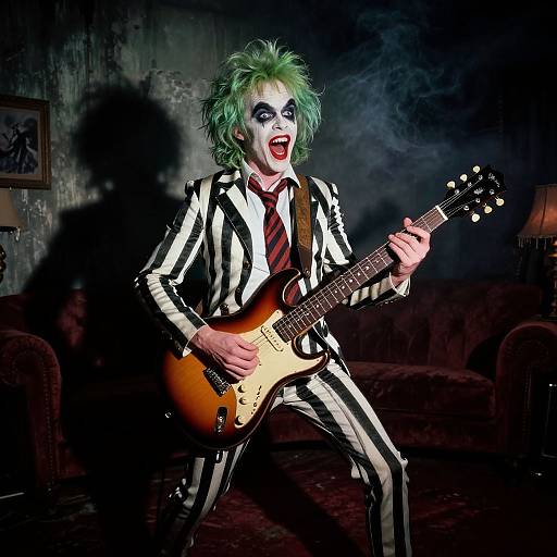 Photograph of a green-haired, clown-like musician with white and black striped suit, playing an electric guitar in a dark, shadowy room.