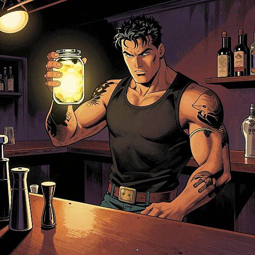 Muscular man with tattoos in black tank top, holding glowing jar, stands at dimly lit bar with bottles and glasses. Digital comic art style.