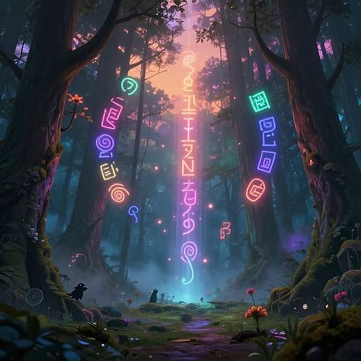 Digital fantasy artwork of a mystical forest with glowing neon runes and symbols illuminating towering trees, surrounded by ethereal mist and small, luminescent mushrooms