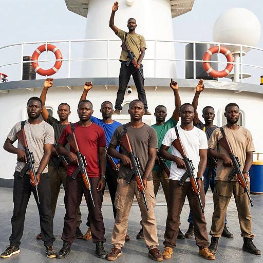 Group of Armed African Men on Ship Deck