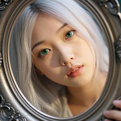Close-up photograph of a young woman with striking green eyes and silver hair, reflected in an ornate, oval mirror with intricate black detailing.