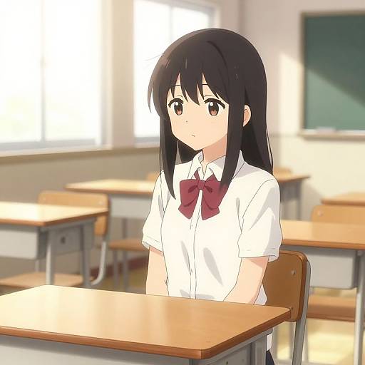 Anime-style drawing of a young girl with long black hair, wearing a white shirt with a red bow, sitting in a sunlit empty classroom.