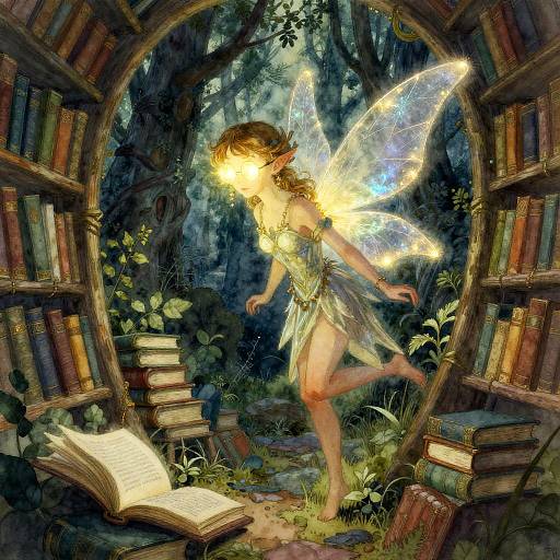 Enchanted Fairy Librarian in Forest Library