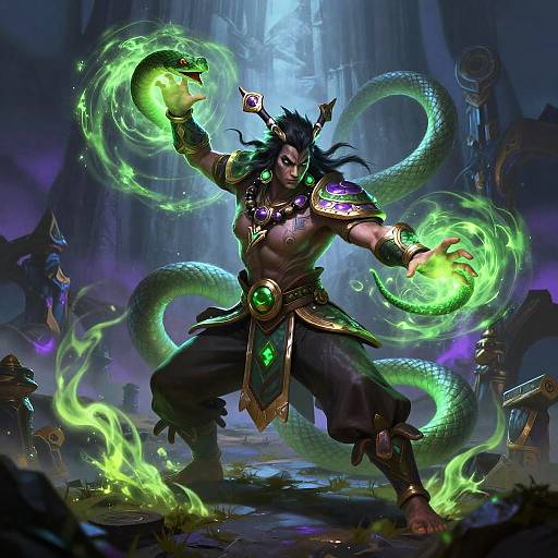 Digital fantasy artwork of a muscular, horned warrior with dark skin and black hair, conjuring green magical serpents in a dimly lit,
