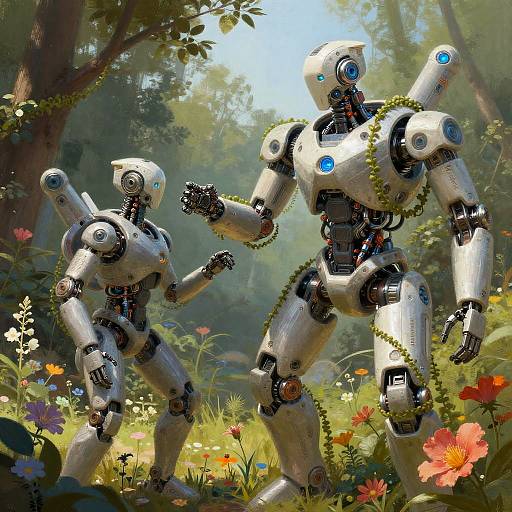 Digital art: Two white, robotic humanoid figures with blue eyes and vines, standing in a sunlit, colorful forest filled with wildflowers.