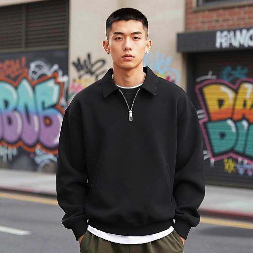 Photograph of a young Asian man with short black hair, wearing a black hoodie, white undershirt, and green pants, standing in front of