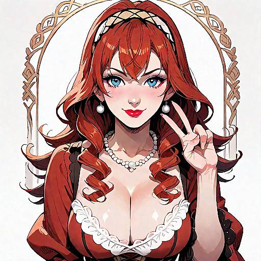 Digital anime-style portrait of a red-haired woman with blue eyes, wearing a red dress with white lace, pearl necklace, and earrings, flashing a peace