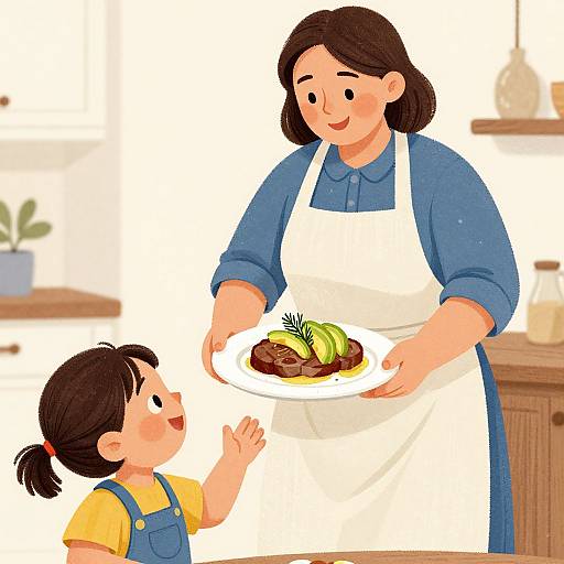Digital illustration of a smiling Asian woman in a blue shirt and white apron, holding a plate of meat and vegetables, standing in a kitchen, with