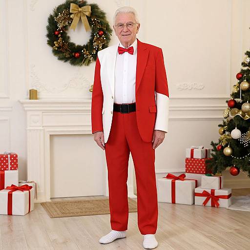 Elderly man with white hair in red tuxedo, white shirt, and bowtie, standing in festive room with Christmas tree and wreath