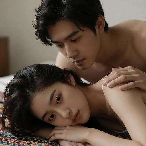 Intimate Couple Reclining on Patterned Textile