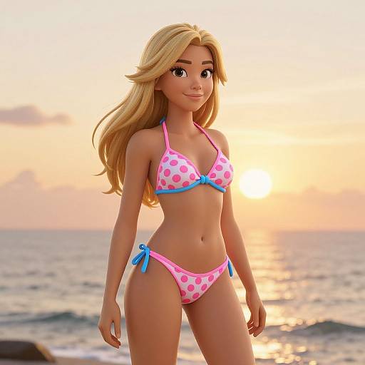 Digital 3D artwork of a blonde, fair-skinned woman in a pink polka-dot bikini with blue ties, standing on a sunset beach.
