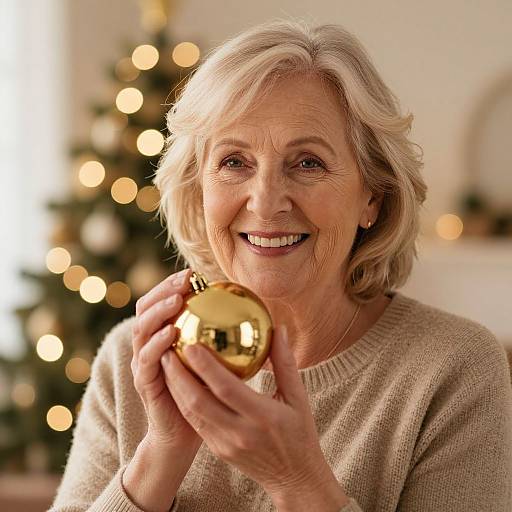 Photograph of smiling elderly woman with short gray hair, holding a shiny gold Christmas ornament, wearing beige sweater, blurred Christmas tree with lights in background.