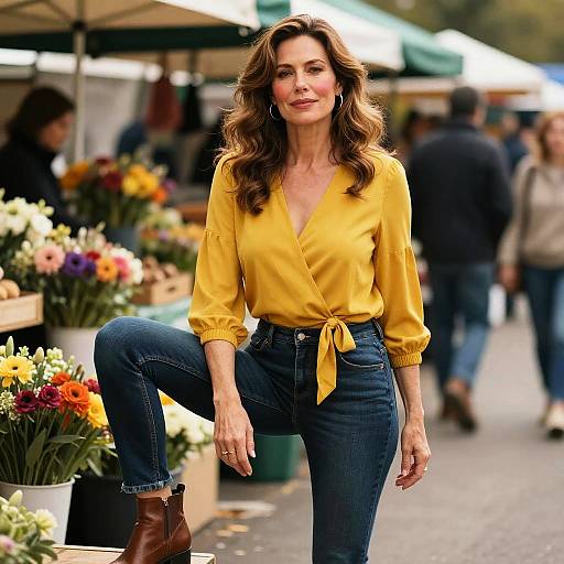 Photograph of a middle-aged woman with wavy brown hair, wearing a yellow blouse, blue jeans, and brown boots, confidently standing with one leg