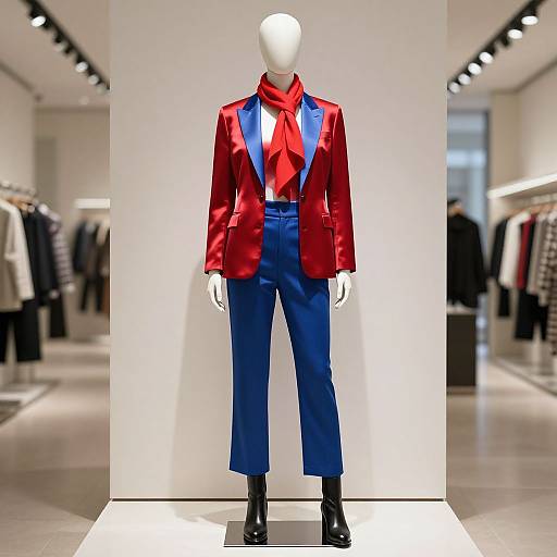 Photograph of a white mannequin wearing a shiny red satin blazer with blue lapels, red scarf, and high-waisted blue pants
