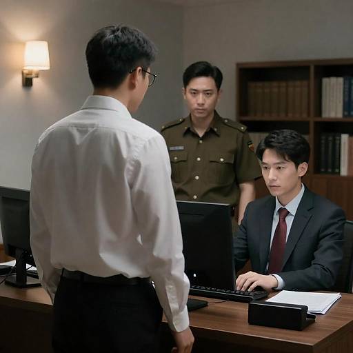 Dimly Lit Office Three Men Scene