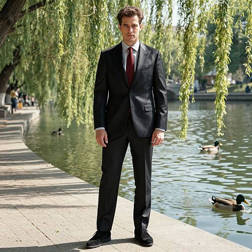 Photograph of a serious, handsome man in a black suit and red tie standing by a lush, leafy riverside path with ducks swimming in the