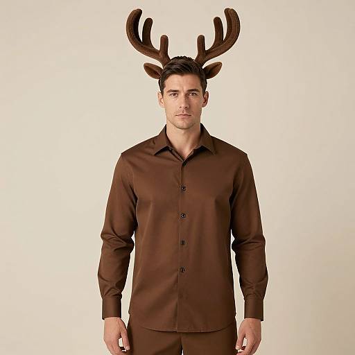 Photograph of a serious-looking man with short brown hair, wearing a brown button-up shirt and brown antler headpiece, standing against a plain white
