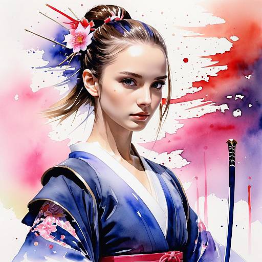 Anime Natalie Portman Ballet Samurai Watercolor Portrait