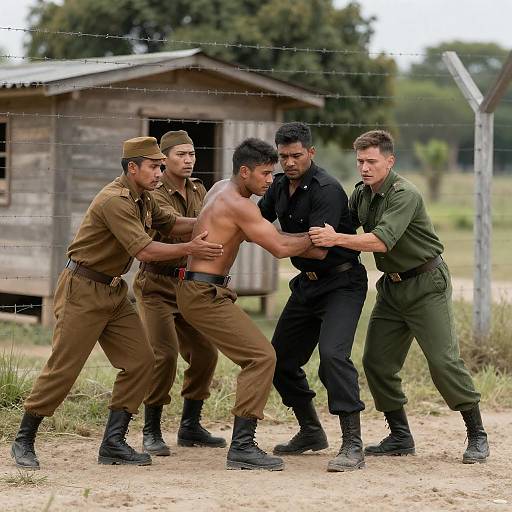 Dramatic Scene of Men by Barbed Wire