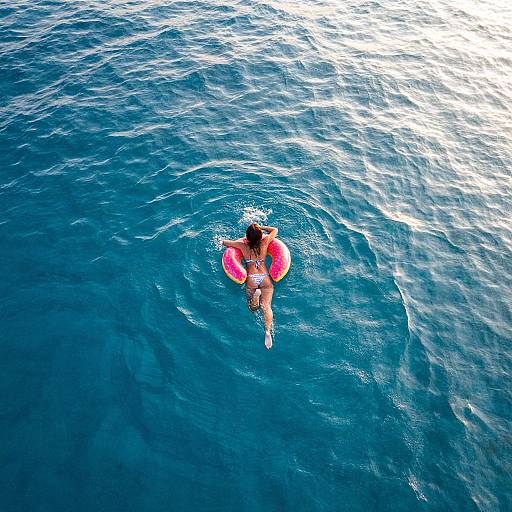 Photograph of a person with dark hair, wearing swim trunks, floating in deep blue ocean water, holding a bright pink inflatable ring.