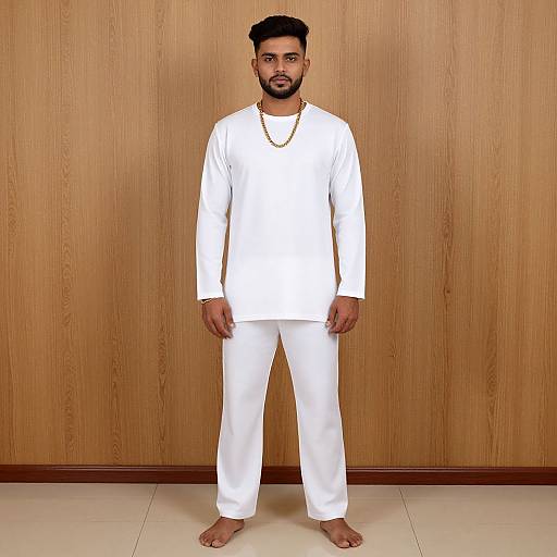 Photograph of a bearded man with dark hair, wearing a white long-sleeve shirt and pants, gold necklace, barefoot, standing against