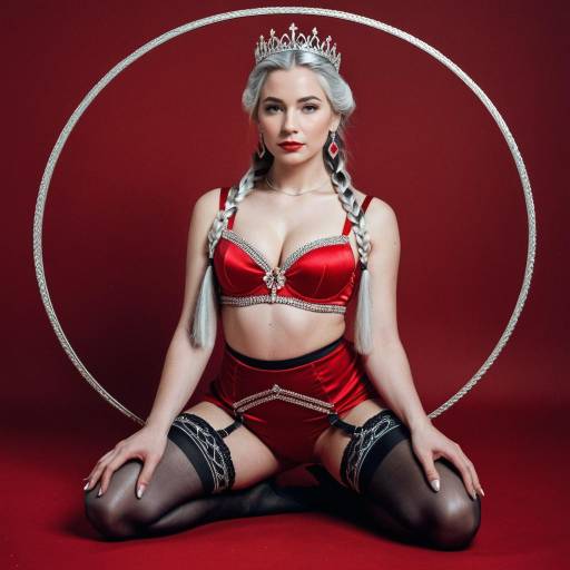 Elegant Woman in Red Lingerie with Silver Braids