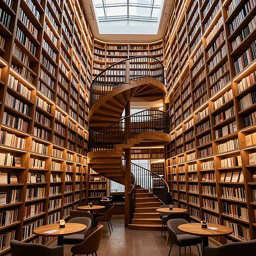 Photograph of a warm, illuminated library with wooden bookshelves, a spiral staircase, and round tables with gray chairs.