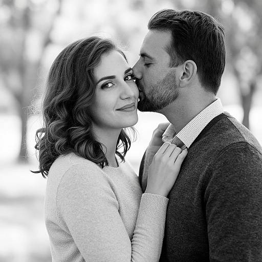 Black-and-white photograph of a curly-haired woman in a light sweater, smiling, being kissed on the cheek by a bearded man in a dark jacket