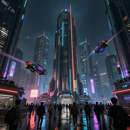 Neon-lit futuristic cityscape at night with flying cars, tall skyscrapers, and a crowded wet street. Digital artwork style.