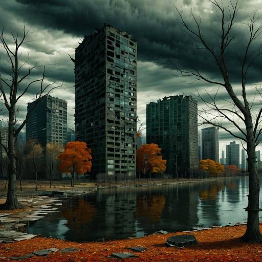 Abandoned Cityscape with Autumn Trees