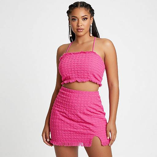 Photograph of a confident Black woman with braided hair wearing a bright pink, textured crop top and matching mini skirt with a side slit. White background