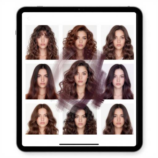 Photograph collage of nine women with long, curly brown hair, each with different expressions, arranged in a 3x3 grid on a white background